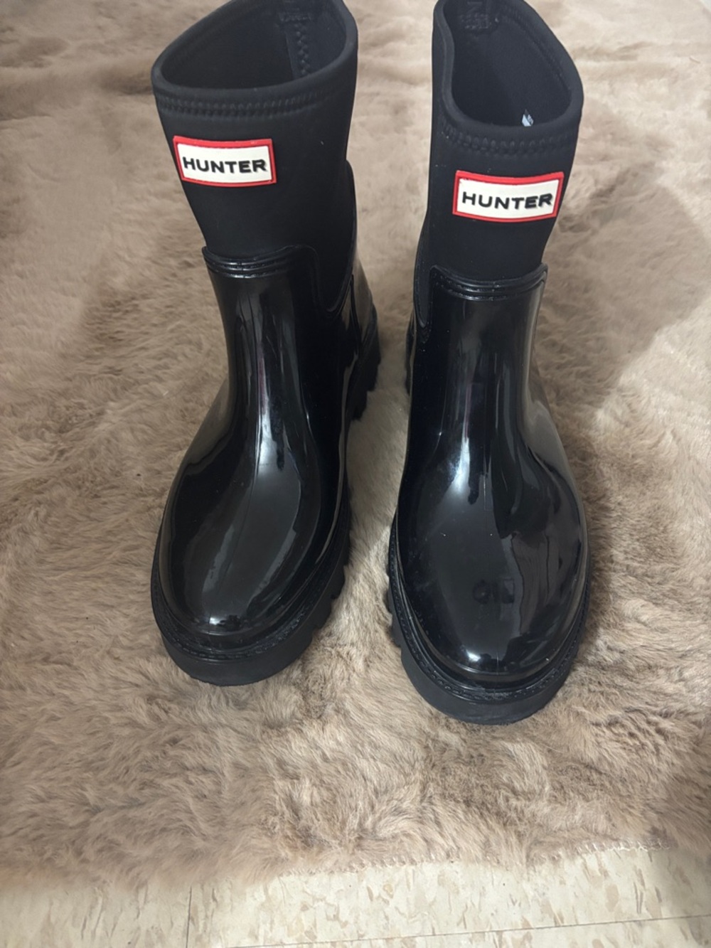 Hunter Black Gloss Rain Boots with Logo Patch